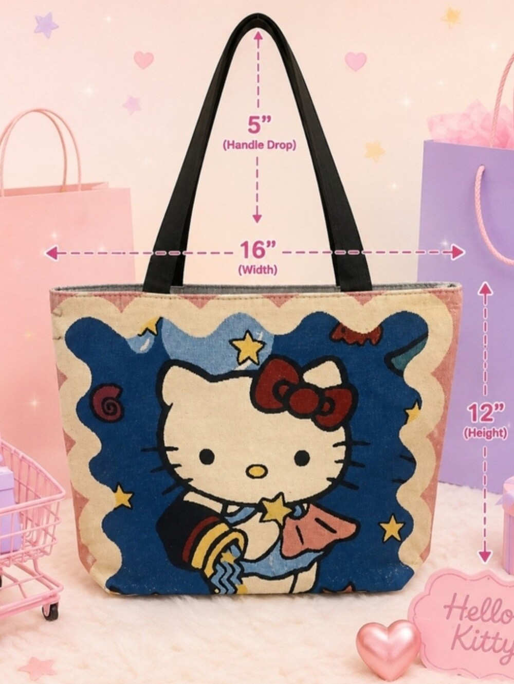 Hello Kitty Blue and Cream Canvas Tote with Black Handles